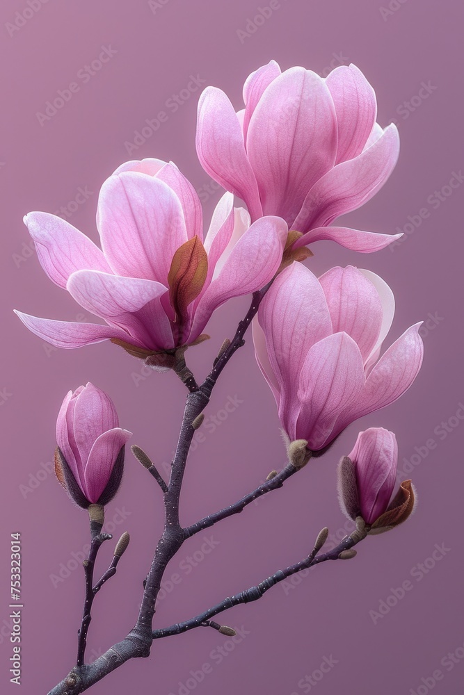 Blooming magnolia tree, blossom, lilac color background, springtime garden. Floral elements with magnolia pink flowers, close up. Copy space