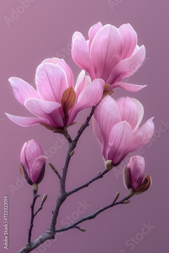 Blooming magnolia tree  blossom  lilac color background  springtime garden. Floral elements with magnolia pink flowers  close up. Copy space