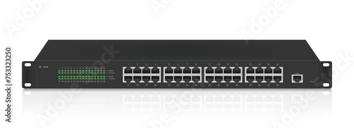 Professional network industrial gigabit switch isolated on white background with RJ45 Modular plugs for solid Cat5, Cat5e, CAT6 Ethernet Cable connecters.  Vector illustration.
