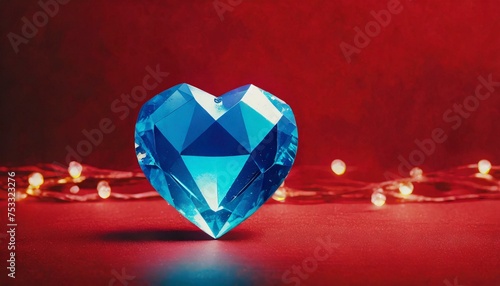 Blue heart or love-shaped diamond with happy valentine day concept on red copy space background 
