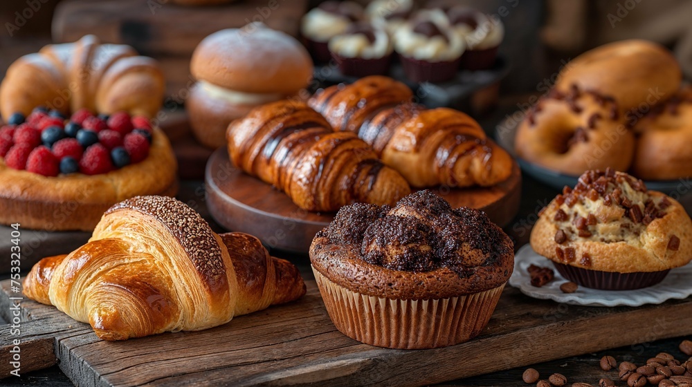 A variety of freshly baked pastries, including croissants and muffins, are neatly arranged on a table for display. A variety of freshly baked pastries, including croissants and muffins, are neatly arranged on a table for display.