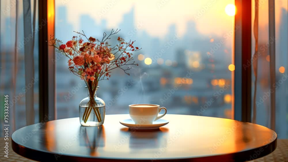 A cup of coffee at a hotel table with city view in the morning. seamless looping 4k time-lapse video background