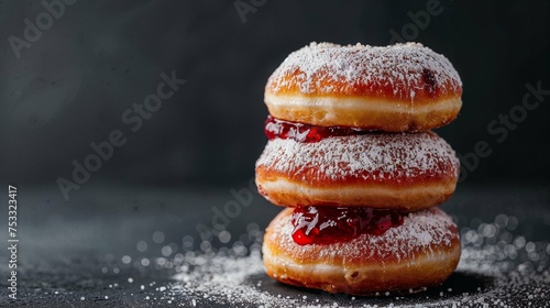 A stack of three sufganiyots donuts topped with powdered sugar, showcasing their delicious appearance.