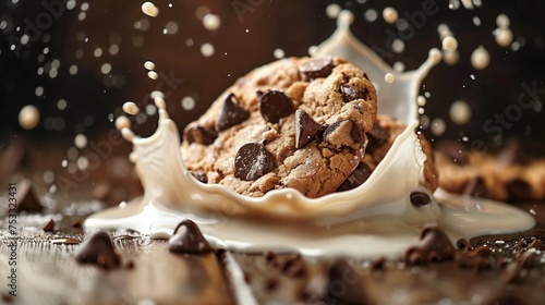 A chocolate chip cookie is shown falling into a puddle of milk, creating a splash effect.