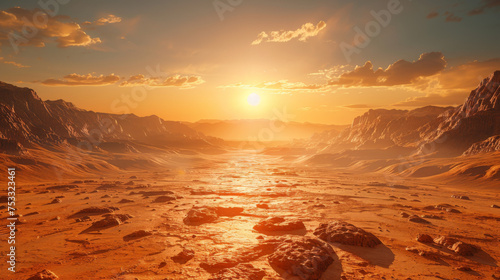 landscape on planet Mars, scenic desert scene on the red planet (3d space render).
