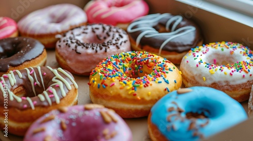 A box filled with a variety of colorful donuts, each displaying different flavors and toppings.