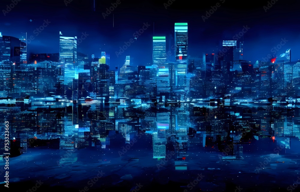 青のグラデーション摩天楼未来都市と反射する水面