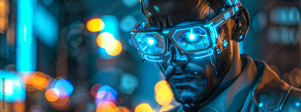 Futuristic Man with High-Tech Visor and Blue Neon Lights