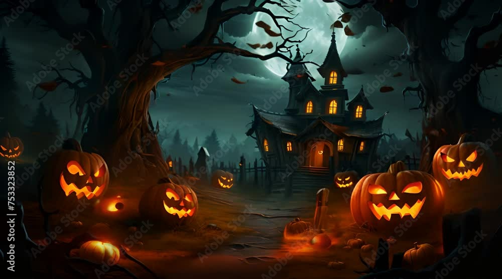 Halloween background with pumpkins and haunted house. Halloween background with Evil Pumpkin. Spooky scary dark Night forrest. Holiday event halloween banner background concept. Halloween background with pumpkins and haunted house. Halloween background with Evil Pumpkin. Spooky scary dark Night forrest. Holiday event halloween banner background concept.