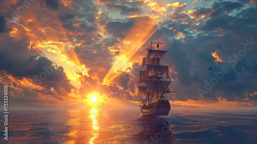 Tall Ship Sailing at Sunset with Dramatic Clouds