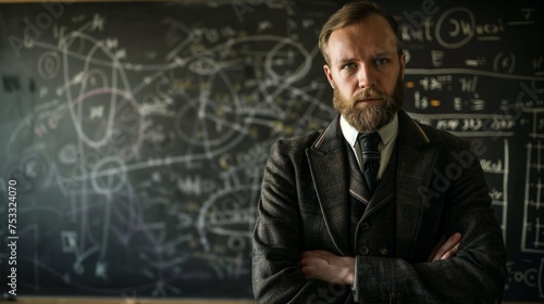 A well-dressed and sophisticated professor standing in front of a chalkboard, likely giving a lecture or presentation.