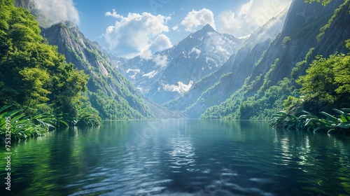 A painting of a lake nestled among lush mountains and vibrant greenery.
