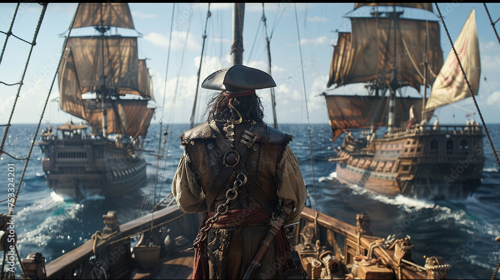 Fototapeta premium Pirate Overlooking Fleet of Sailing Ships on Sea