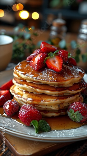 A huge stack of pancakes topped with glazed strawberries on a plate. photo