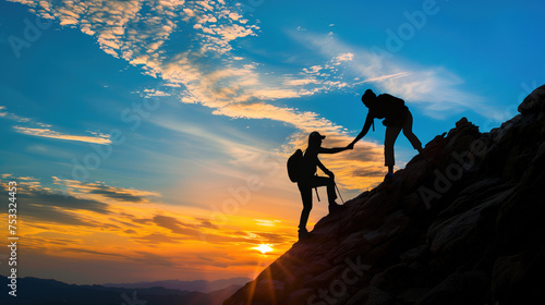 The concept of teamwork illustrated by the silhouette of a woman assisting her wife in reaching the top of a mountain, portraying an LGBT couple