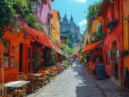Vibrant and picturesque street view leading towards an ancient castle, embodying the charm of a historic town photo