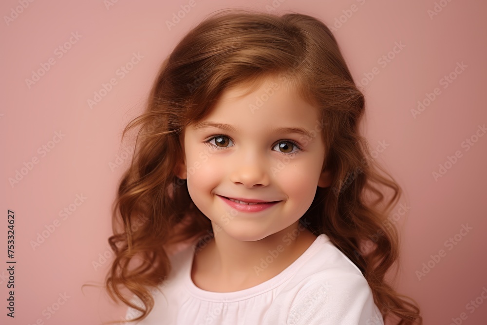 Portrait of a cute little girl on a pink background. The girl is smiling. Portrait of a cute little girl on a pink background. The girl is smiling.