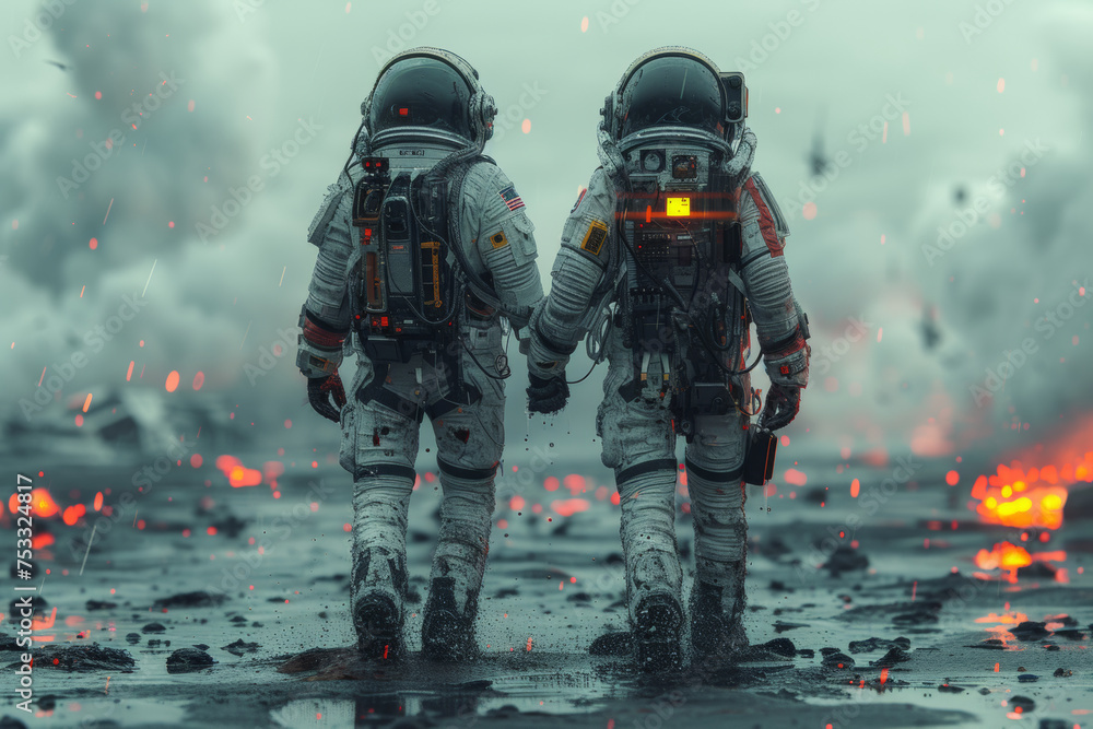Astronaut couple holding hands, symbolizing love, romance, unity, partnership and companionship. Their suits are detailed and realistic, reflecting the latest in space exploration gear Astronaut couple holding hands, symbolizing love, romance, unity, partnership and companionship. Their suits are detailed and realistic, reflecting the latest in space exploration gear