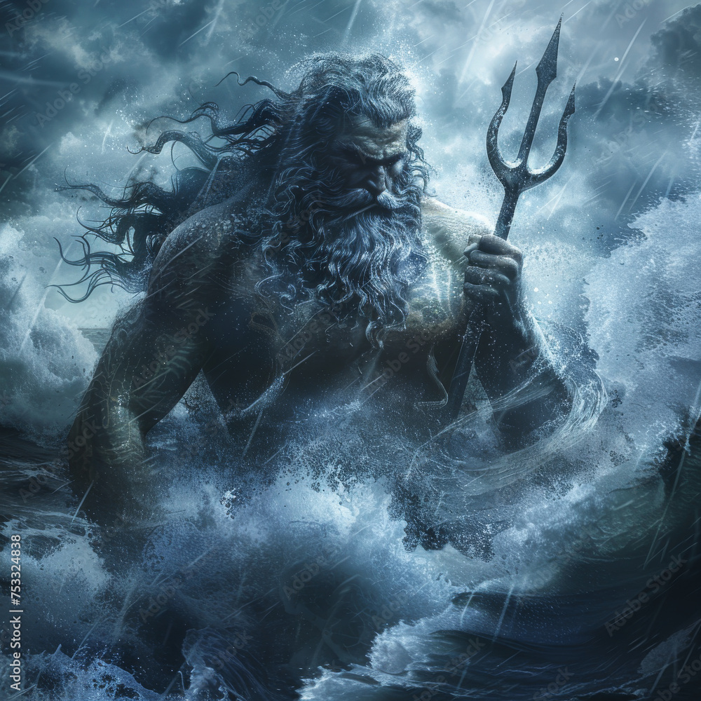Realistic Greek god Poseidon with dramatic and wrathful look holding his trident on a stormy sea and raging sky, stirring massive waves. Ocean water swirls around him - obrazy, fototapety, plakaty 