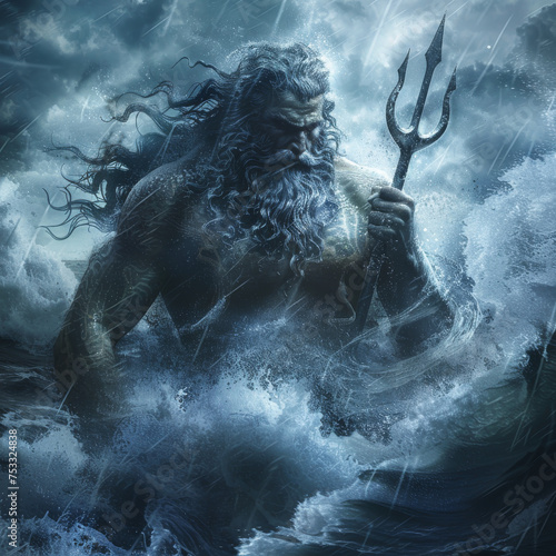 Realistic Greek god Poseidon with dramatic and wrathful look holding his trident on a stormy sea and raging sky, stirring massive waves. Ocean water swirls around him
