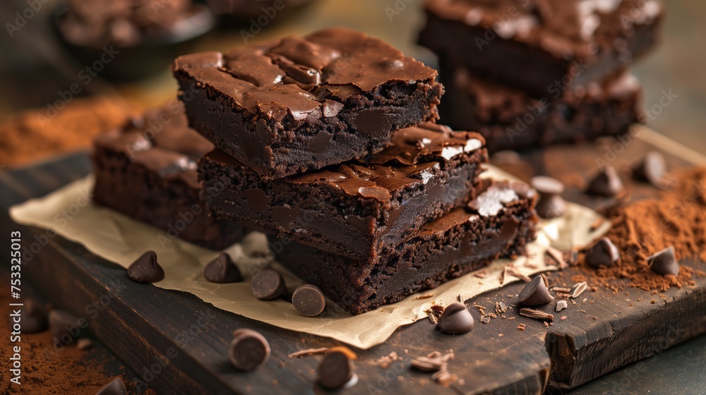 A pile of rich chocolate brownies neatly arranged on a wooden cutting board. - obrazy, fototapety, plakaty 