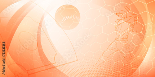 Baseball themed background in orange tones with abstract mesh, dots and curves, with silhouettes of a baseball field, ball and batsman