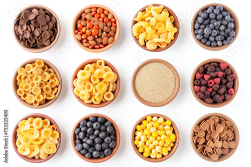 A variety of delicious snacks and cereals displayed in wooden bowls, including chocolate cereal, mixed nuts, cornflakes, blueberries, quinoa, and more.