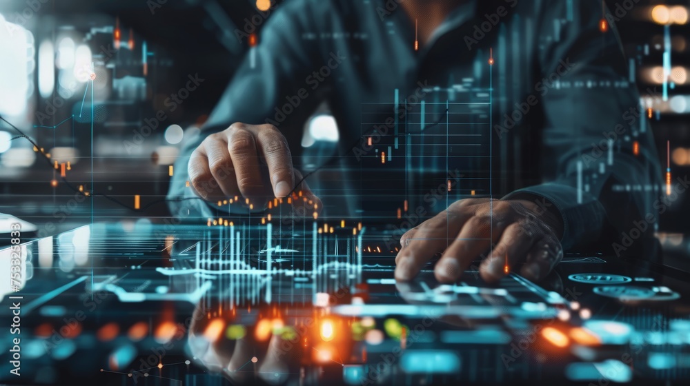 Businessman analyst working with digital finance business data graph showing technology of investment strategy for perceptive financial business decision. Businessman analyst working with digital finance business data graph showing technology of investment strategy for perceptive financial business decision.