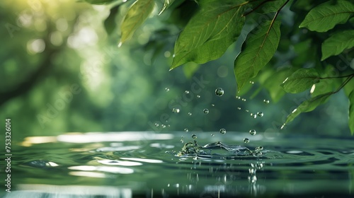A detailed view of a water droplet with vibrant green leaves in the backdrop.