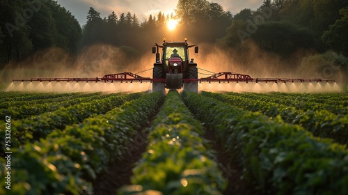 a tractor sprays pesticide on a field, in the style of massurrealism, light red and dark green, bold saturation innovator, organic realism, quantumpunk, photorealism, photography, golden ratio composi