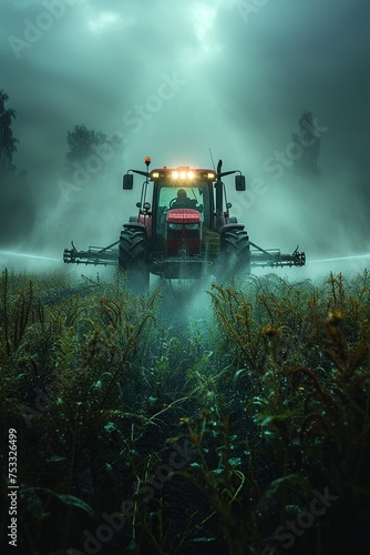 a tractor sprays pesticide on a field, in the style of massurrealism, light red and dark green, bold saturation innovator, organic realism, quantumpunk, photorealism, photography, golden ratio composi © George