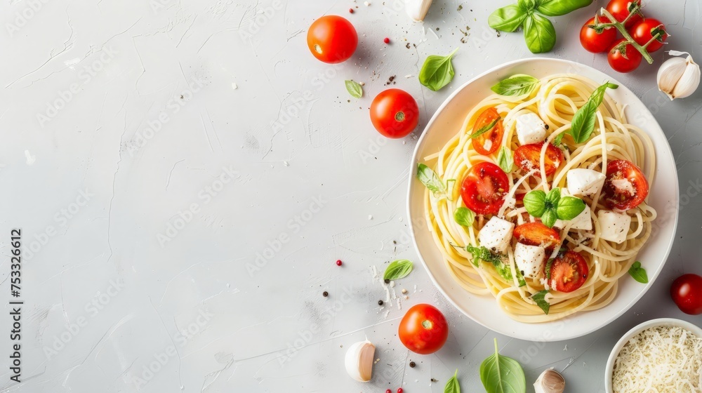Italian lunch with a portion of spaghetti with tomatoes, mozzarella and basil leaves and arugula salad. Copy space, light grey background. Italian lunch with a portion of spaghetti with tomatoes, mozzarella and basil leaves and arugula salad. Copy space, light grey background.
