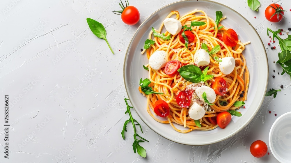 Italian lunch with a portion of spaghetti with tomatoes, mozzarella and basil leaves and arugula salad. Copy space, light grey background. Italian lunch with a portion of spaghetti with tomatoes, mozzarella and basil leaves and arugula salad. Copy space, light grey background.