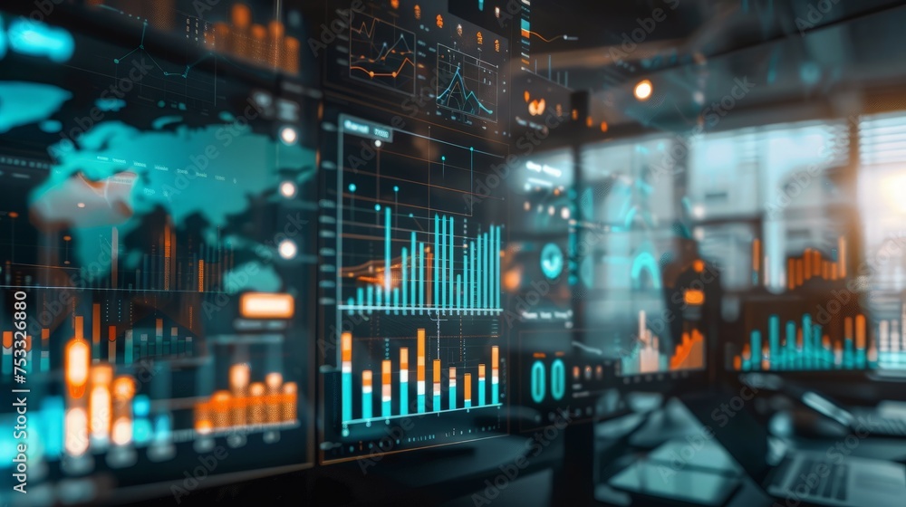 Fototapeta premium Smart financial analytics working at modern office with big data ,connections icon, internet of things, financial charts and graph virtual screen.