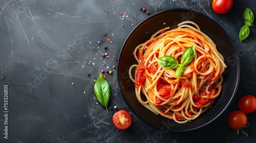 Pasta, spaghetti with tomato sauce in black bowl on grey background. Copy space. Top view.