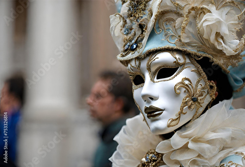 The image shows a person wearing a mask from the Venice carnival. The individual is outdoors and is wearing clothing suitable for a festive event like Mardi Gras. Ai Generated photo