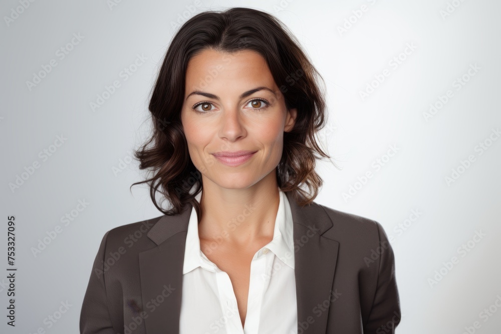 Portrait of smiling businesswoman looking at camera, over grey background Portrait of smiling businesswoman looking at camera, over grey background