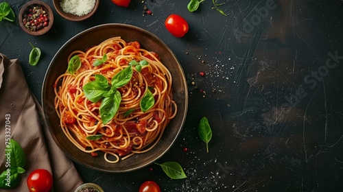 Spaghetti with Pork Tomato Sauce, Tomato Sauce and Basil on dark background. Top view.