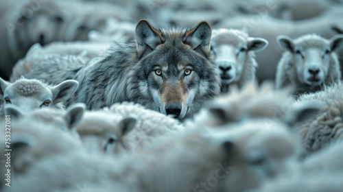 A Wolf Hiding Among a Flock of Sheep. Being Sneaky, Hiding in the Herd, and Wearing a Disguise. Deceit and Trickery. Hidden Danger.