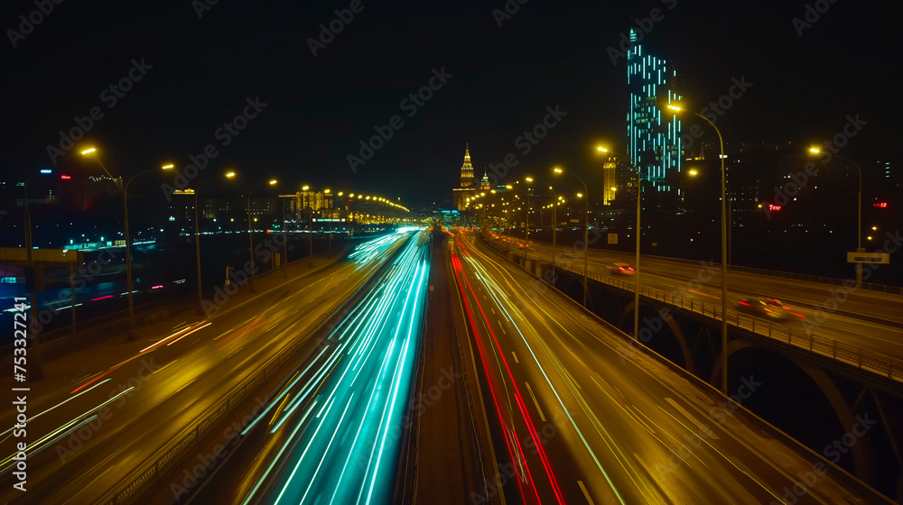 Cars lights on the road of modern city at night time. Timelapse, hyperlapse of transportation. Motion blur, light trails, abstract soft glowing lines