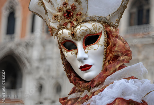 The image is of a person wearing a mask from the Venice carnival. Ai Generated