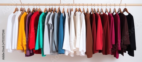 Clothing items on hangers plain white backdrop