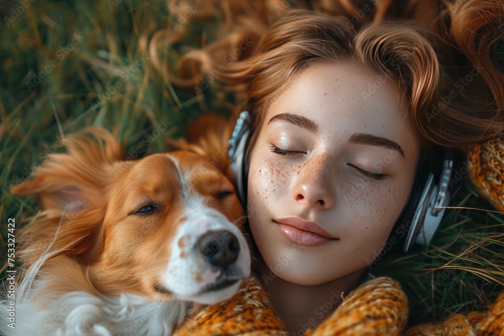 Summer day in the park. Portrait of a happy girl lying joyfully on the green grass with her pet dog in a summer park and listen to music in headphones. Summer holidays. Rest in the park. Summer day in the park. Portrait of a happy girl lying joyfully on the green grass with her pet dog in a summer park and listen to music in headphones. Summer holidays. Rest in the park.