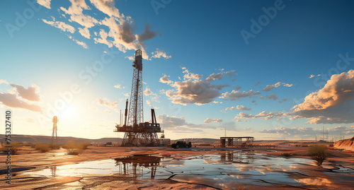 A solitary oil drilling rig stands against the setting sun in a vast desert landscape, reflecting in a water puddle.