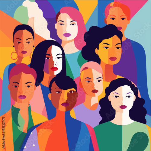 Group of women in front view with diverse color of hair and skin, together for a social cause. Women in politics and human rights