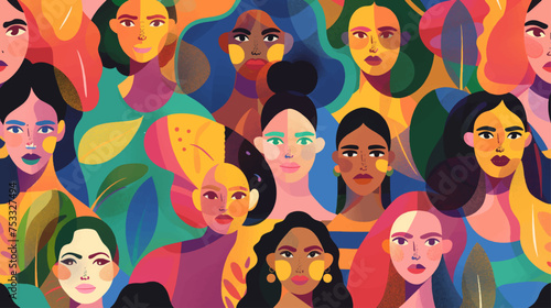 women from different continents with colorful customs, cubism style, colorful illustration group, drag queen art, pride