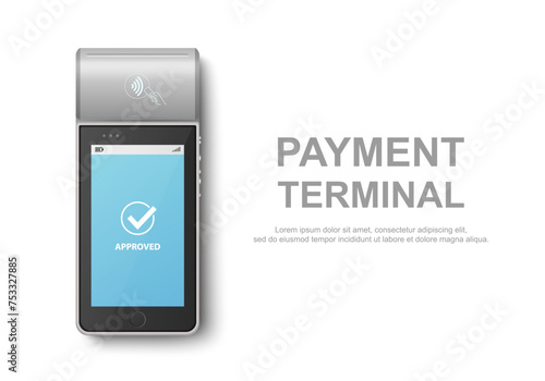 Vector 3d Realistic Gray NFC Payment Machine with Approved Status. Design Template for Bank Payment Contactless Terminal. Mockup of a Payment POS Terminal. Top View