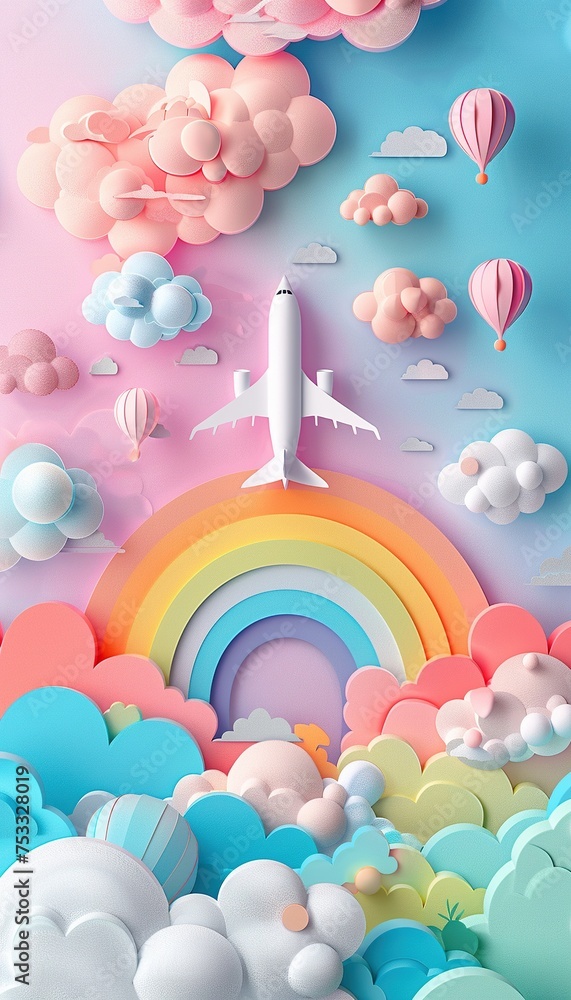 Plane, cloud, rainbow, paper-cut, paper-cut style, three-dimensional, 3d, fantasy, light pink, light blue, light green, light yellow, white Plane, cloud, rainbow, paper-cut, paper-cut style, three-dimensional, 3d, fantasy, light pink, light blue, light green, light yellow, white