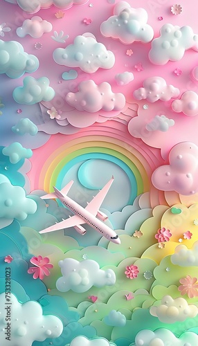Plane, cloud, rainbow, paper-cut, paper-cut style, three-dimensional, 3d, fantasy, light pink, light blue, light green, light yellow, white
