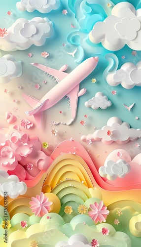 Plane, cloud, rainbow, paper-cut, paper-cut style, three-dimensional, 3d, fantasy, light pink, light blue, light green, light yellow, white